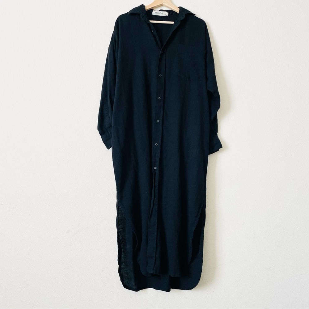 Long Button-Front Midi Shirt Dress in Black